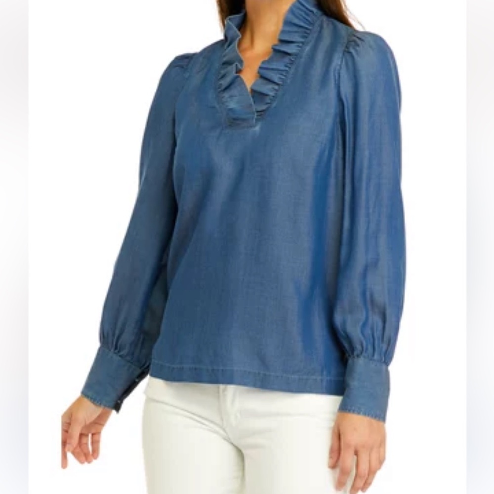 Crown & Ivy Denim long sleeve ruffled blouse XL
